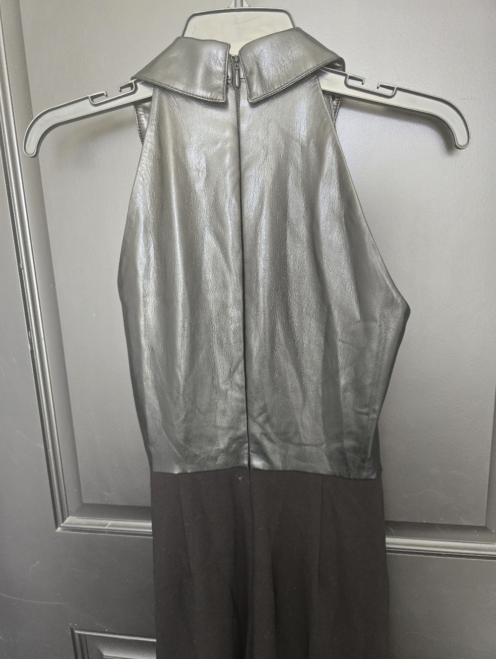 Donna Karan New York Black Faux Leather Wide Leg Jumpsuit Size 2 Halter Neck - Picture 14 of 14